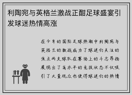 利陶宛与英格兰激战正酣足球盛宴引发球迷热情高涨